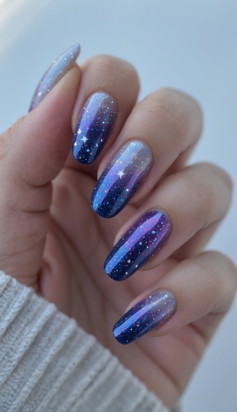 Close-up of one hand with glittery ombre nails in blue, purple, and silver shades against a white background.