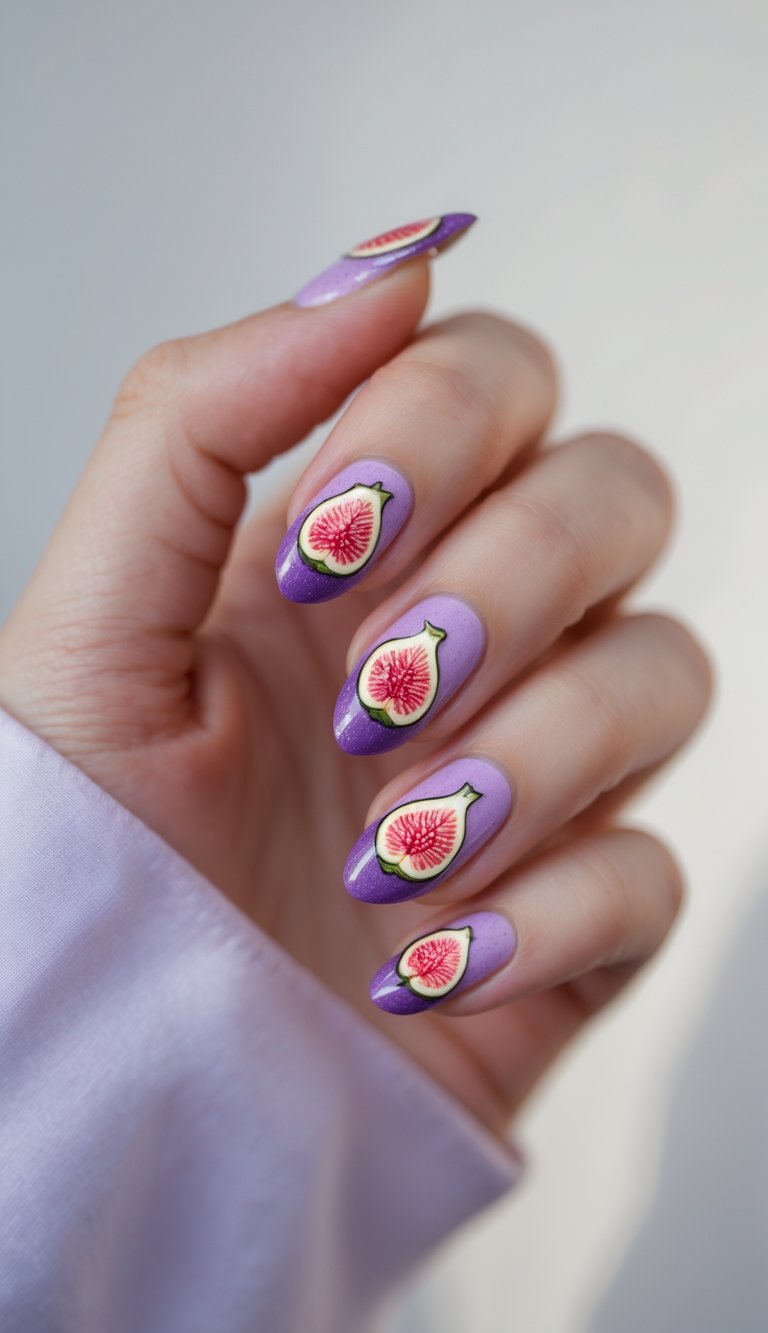 Close-up of one hand with nails painted in purple and pink featuring detailed fig designs on a white background.