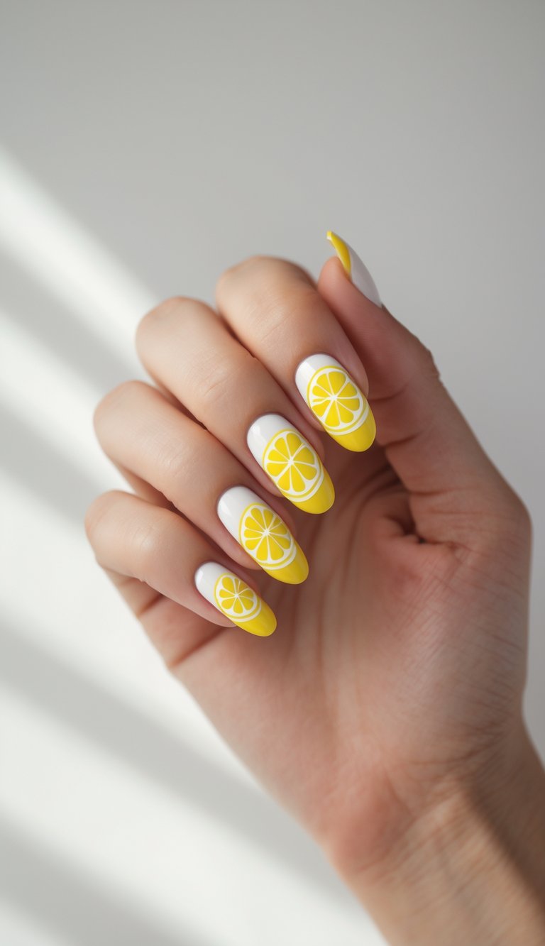Close-up of one hand with nails painted in lemon drop designs outlined in white on a white background.