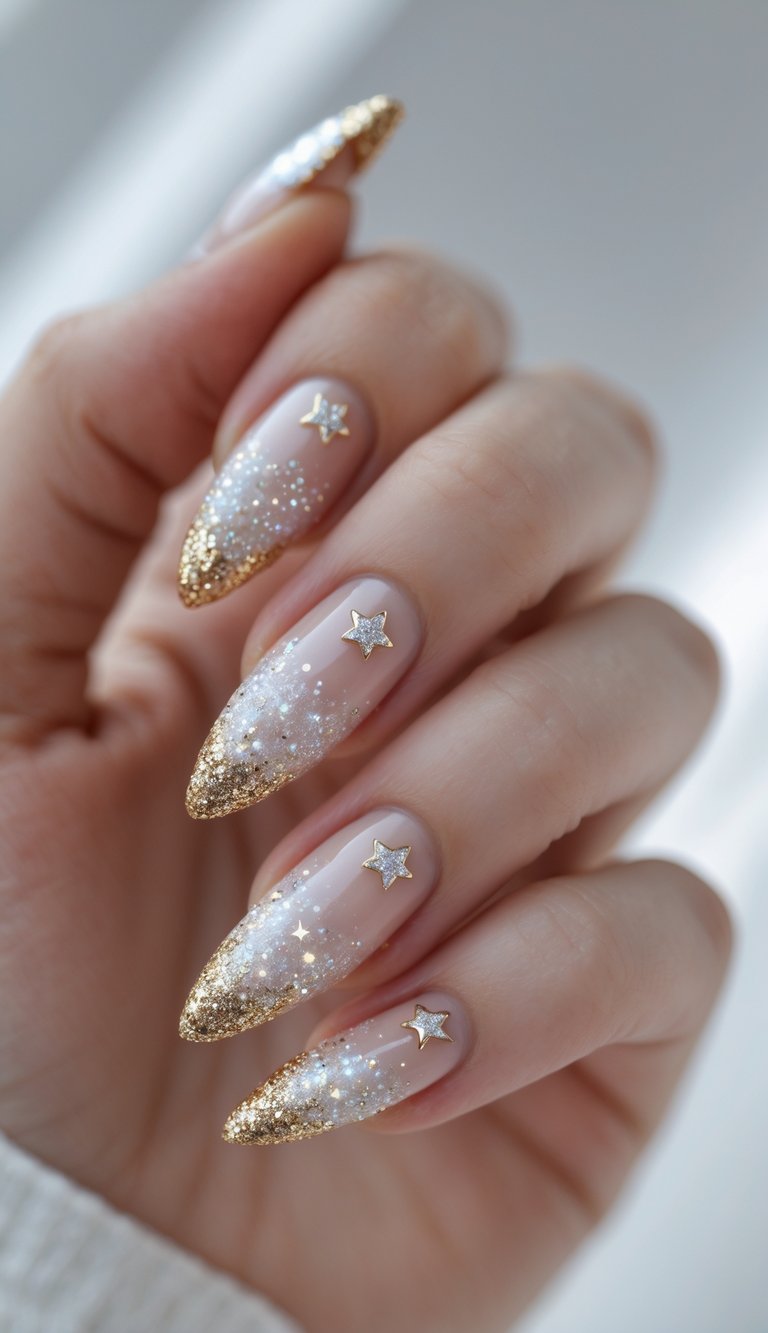 Close-up of one hand showing nails decorated with star-shaped glitter tips against a white background.