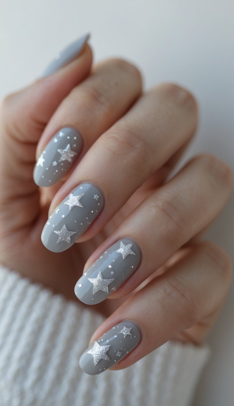 Close-up of a single hand with pale grey nails decorated with small silver stars on a white background.