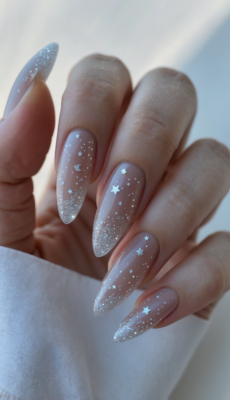 Close-up of one hand showing nails with detailed star and moon designs on the tips against a white background.