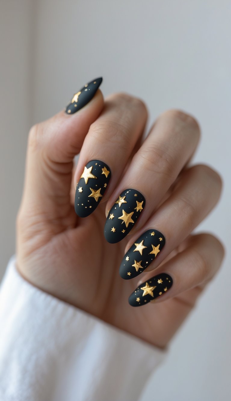 Close-up of one hand with black nails decorated with small gold stars against a white background.