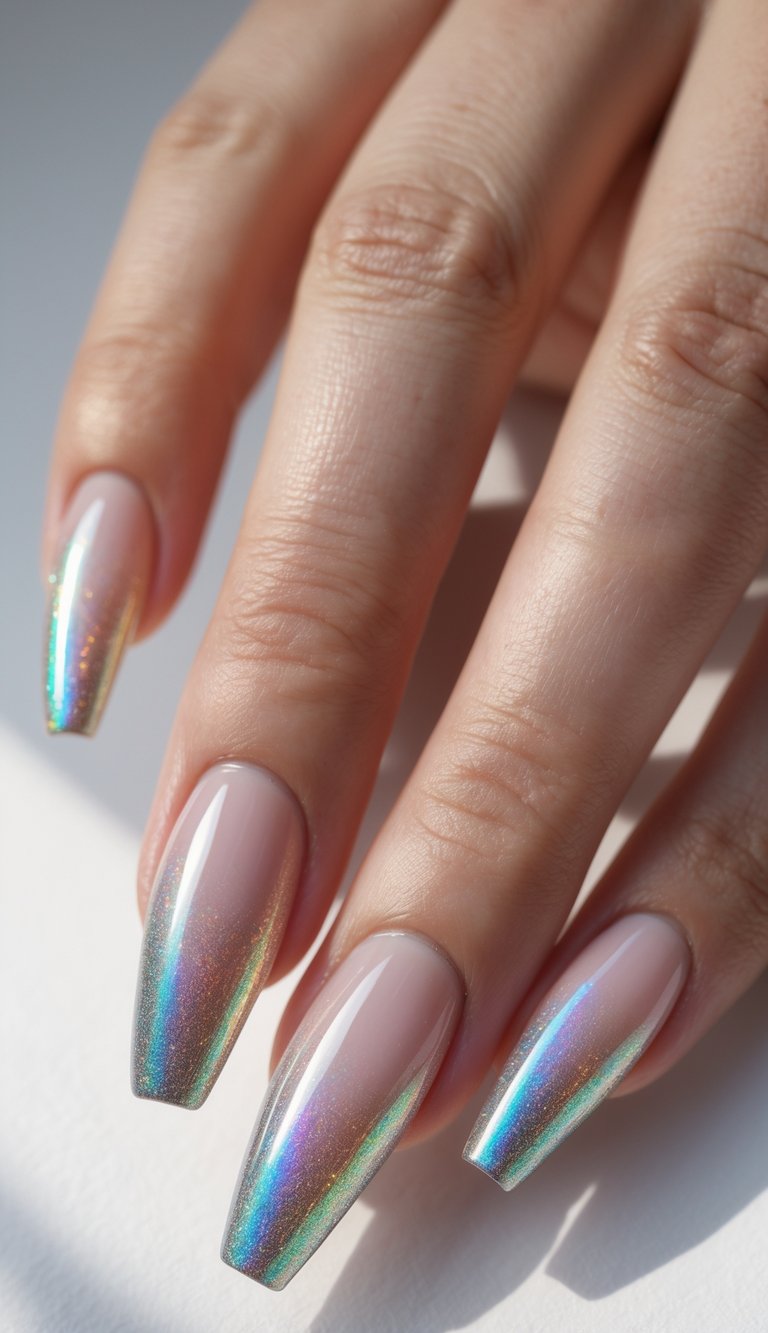 Close-up of one hand showing medium-length coffin-shaped nails with holographic tips against a white background.