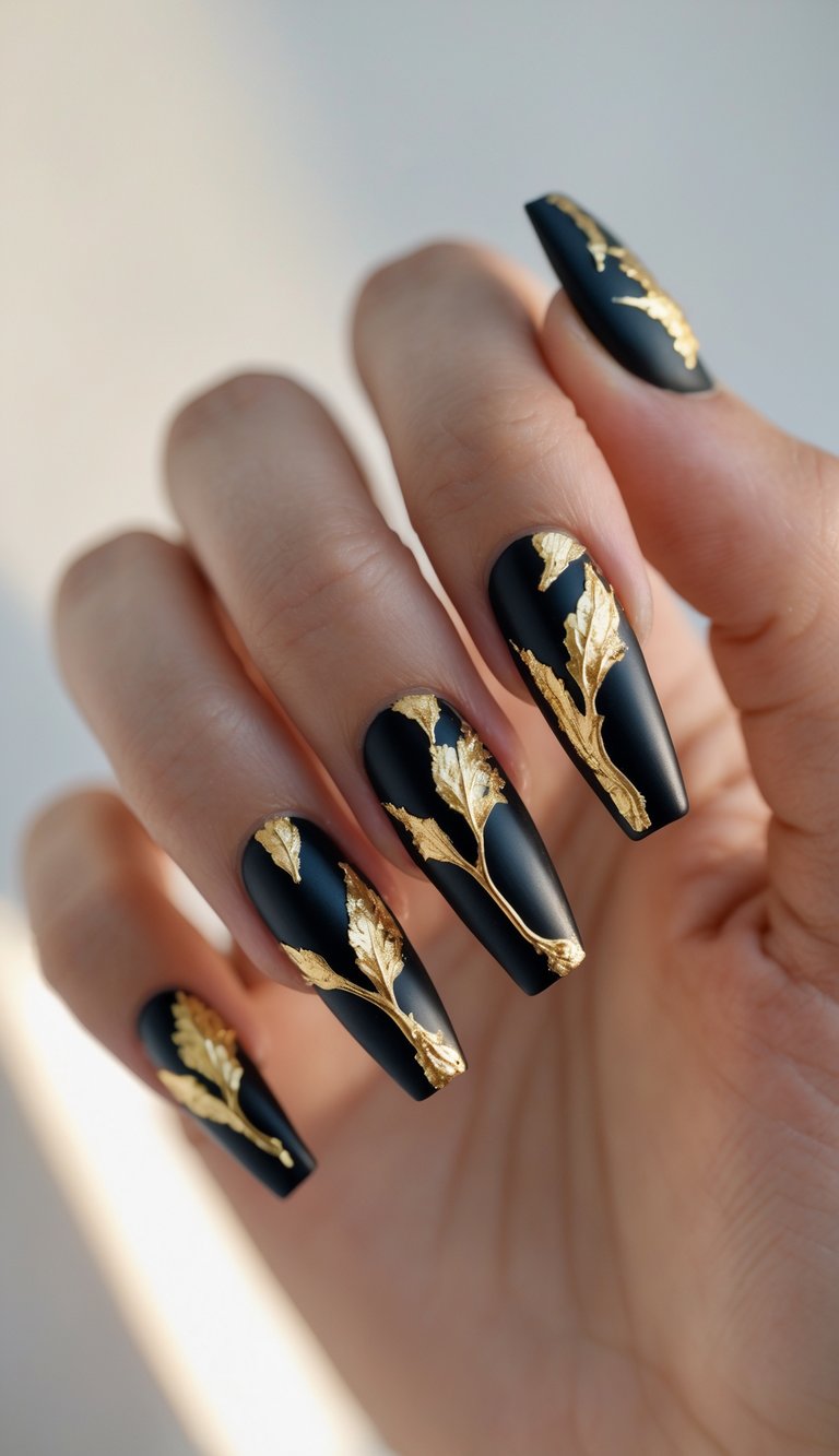 Close-up of one hand with black coffin-shaped nails decorated with gold leaf accents against a white background.