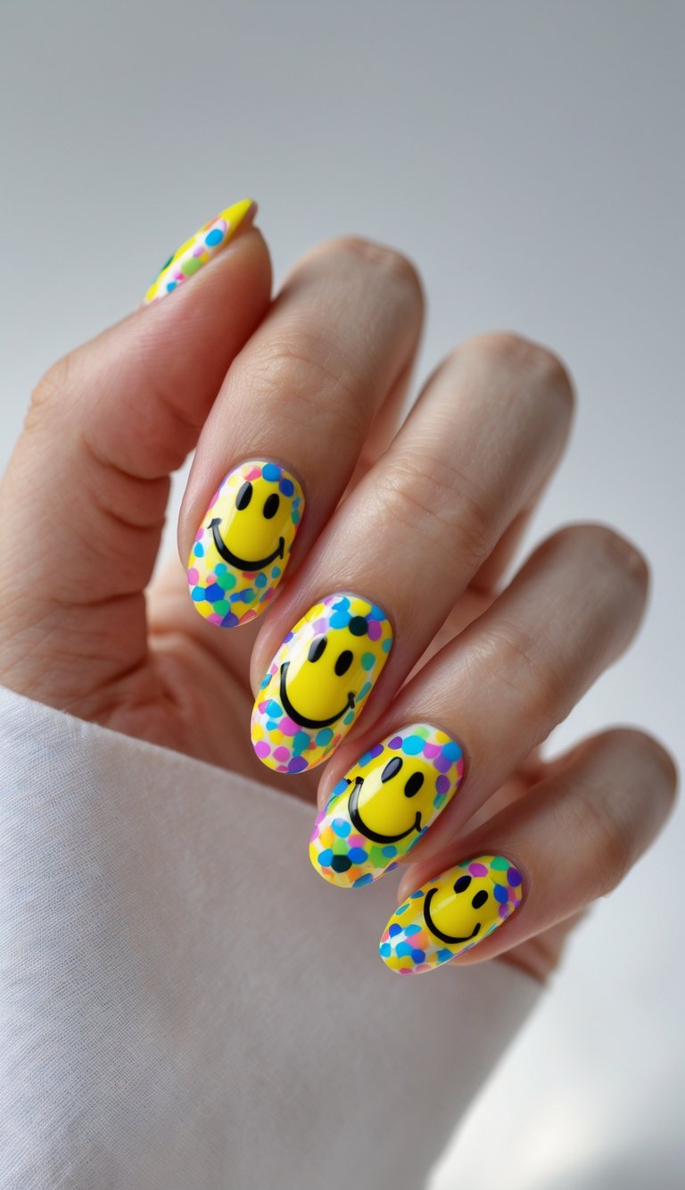 Close-up of one hand with nails painted with smiley faces and colorful confetti dots on a white background.
