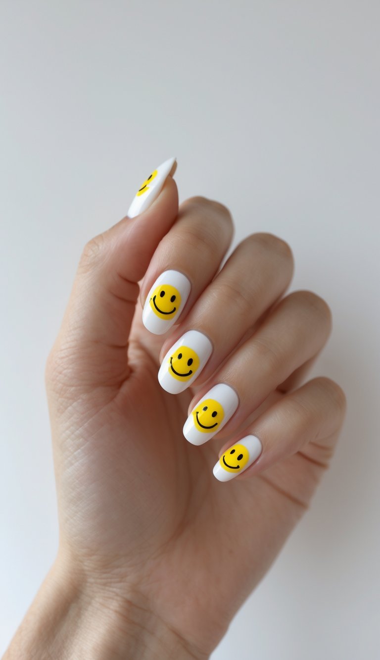 Close-up of one hand with French manicure nails decorated with small smiley faces on the tips against a white background.