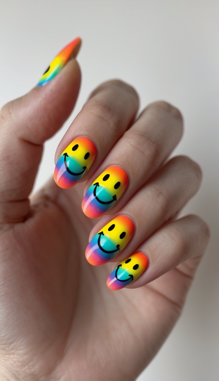 Close-up of one hand with nails painted in rainbow colors, each featuring a smiley face design, against a white background.