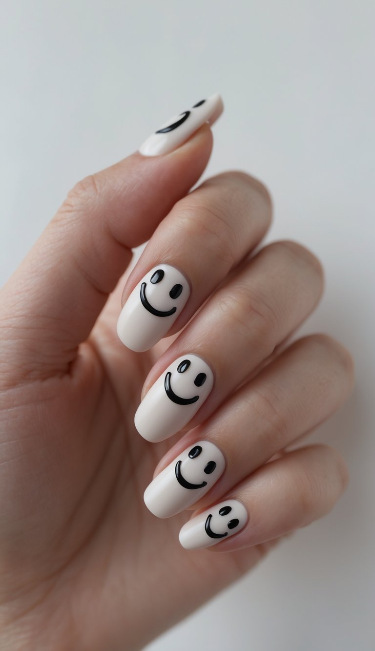 Close-up of one hand showing matte nails with glossy smiley face designs on each nail against a white background.