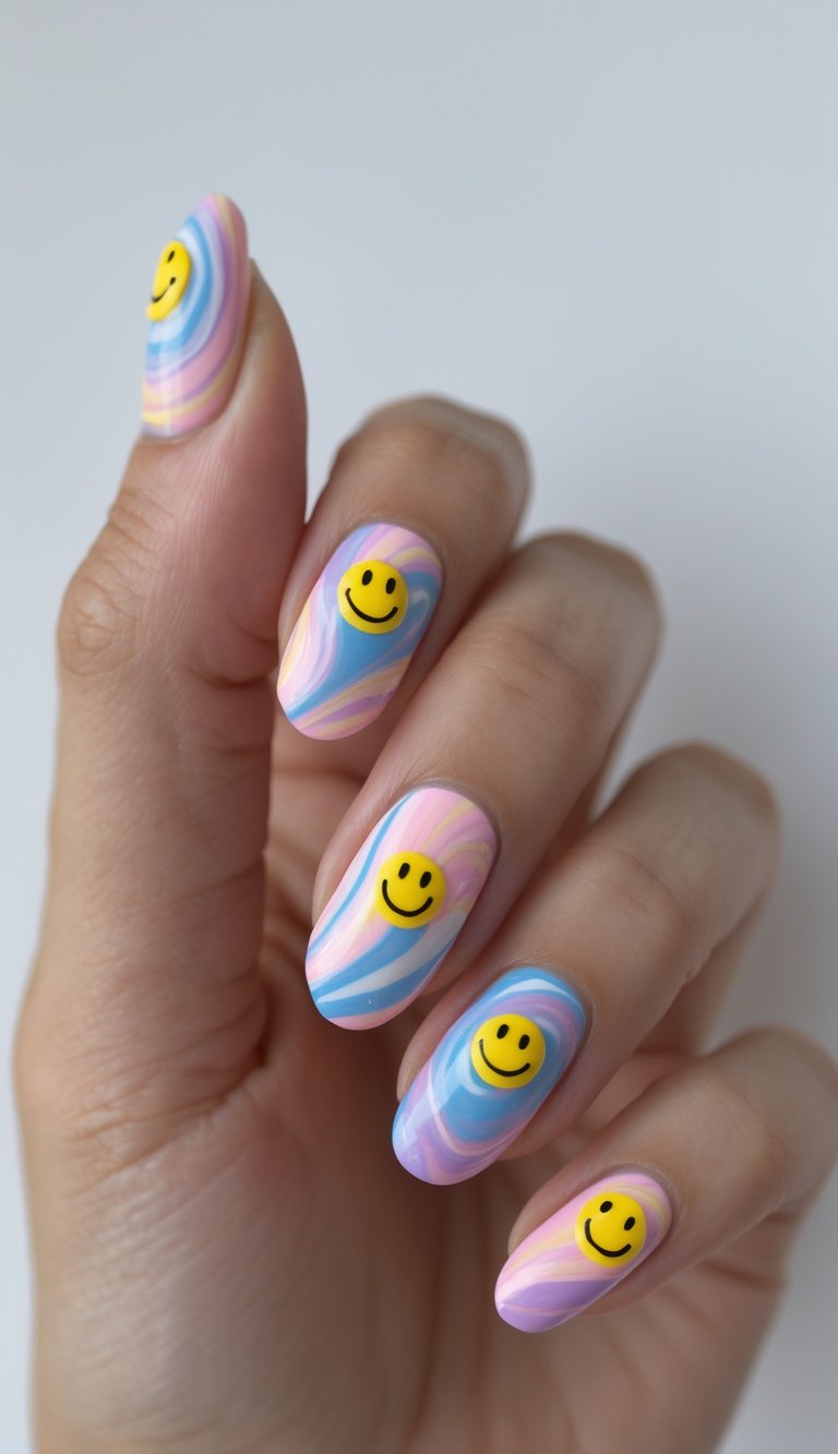 Close-up of a hand with pastel swirl and smiley face nail art on a white background.
