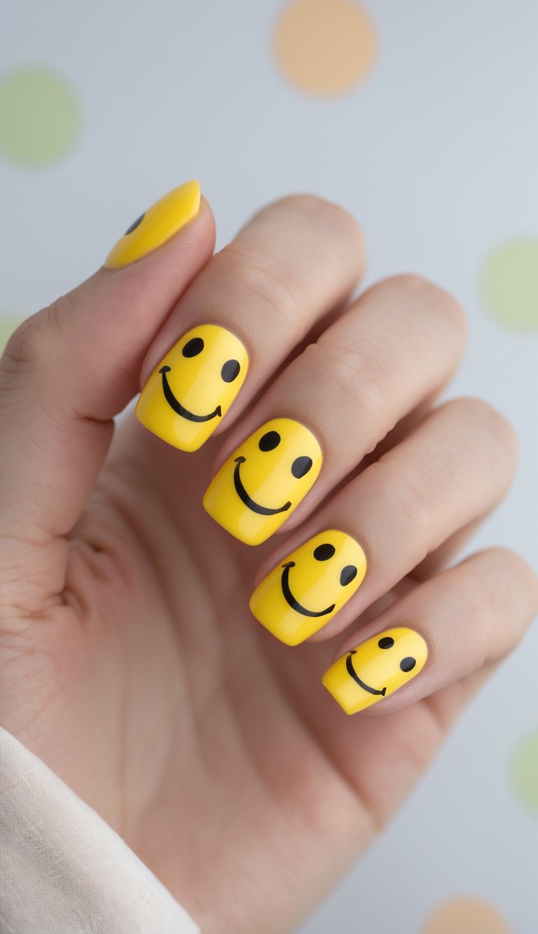 Close-up of one hand with yellow nails decorated with black smiley faces against a white background with pastel polka dots.