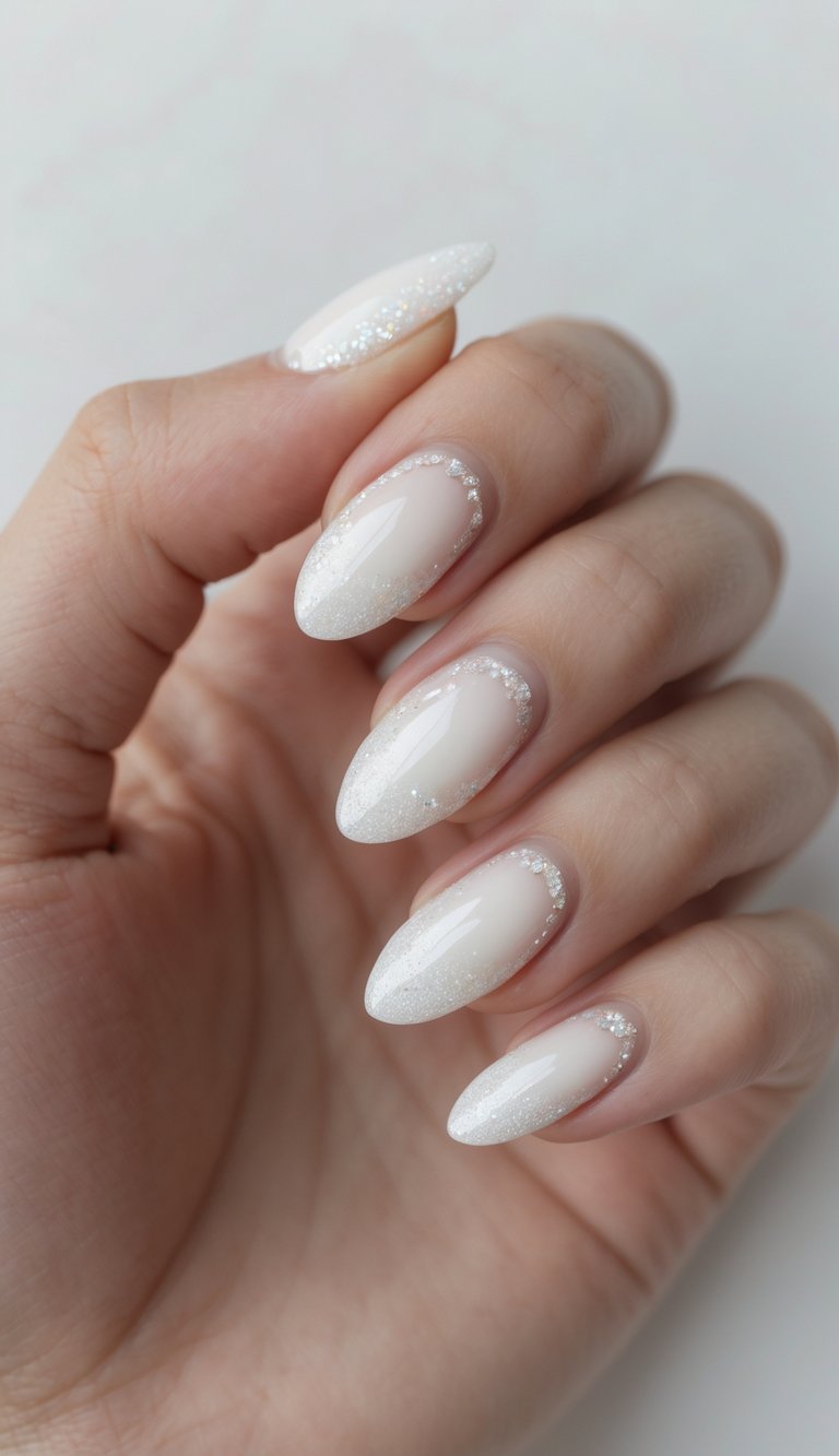 Close-up of one hand showing almond-shaped nails painted pearl white with a glitter fade, against a white background.