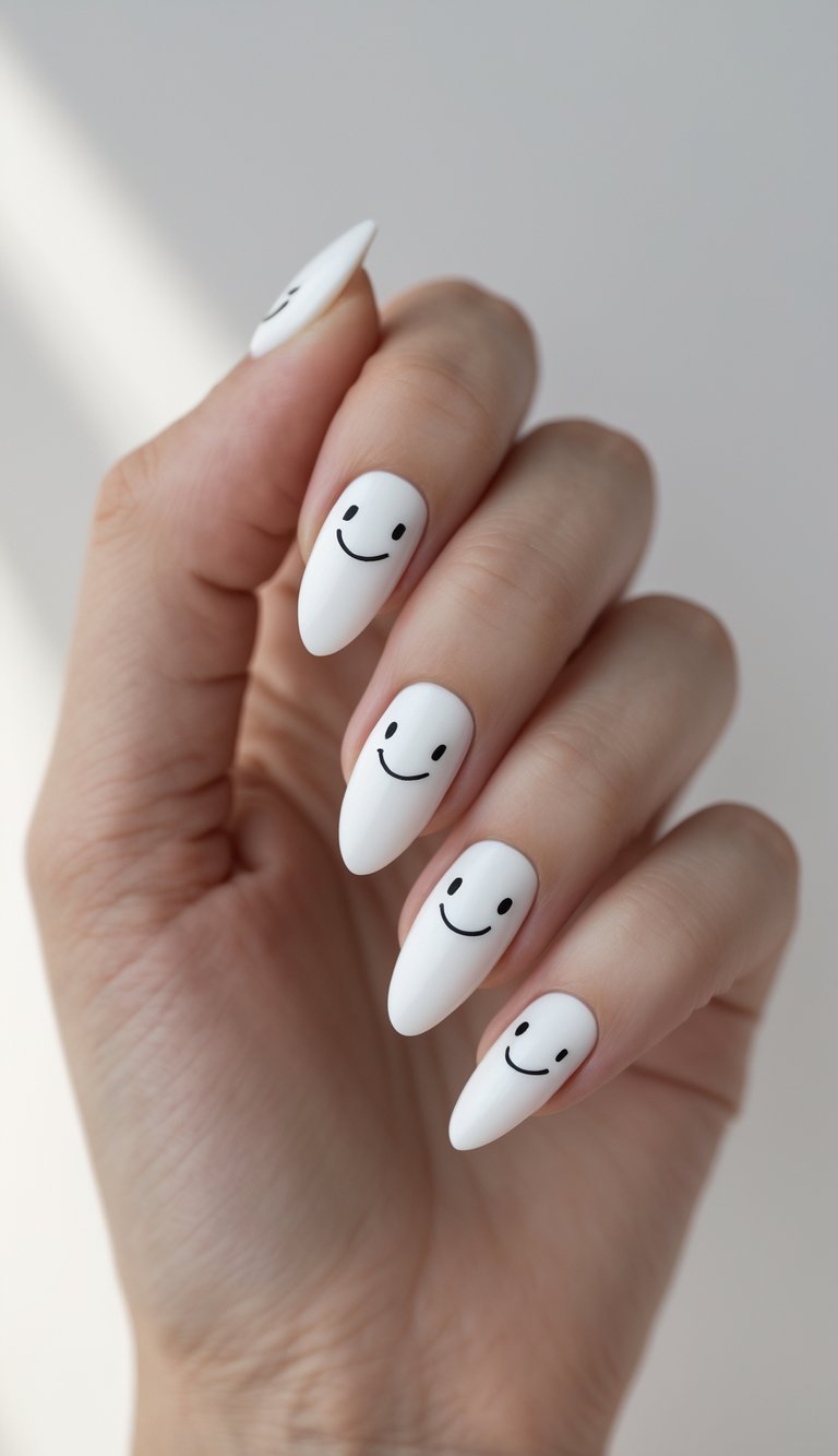 Close-up of one hand showing nails with small smiley face designs on a white background.