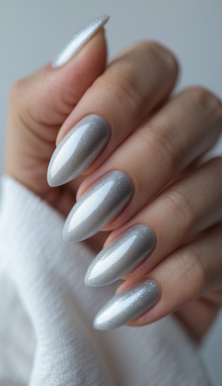 Close-up of one hand with silver almond-shaped nails against a white background.