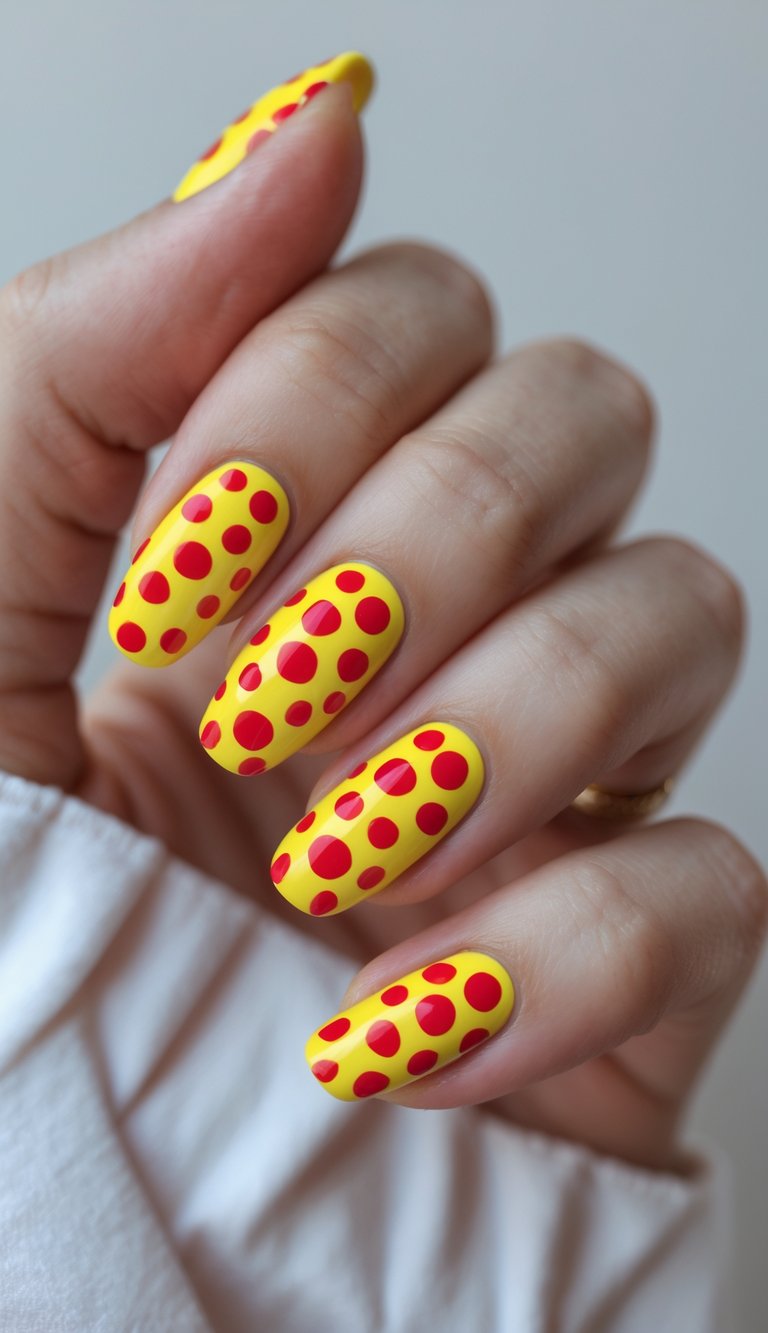 Close-up of one hand with yellow nails decorated with red polka dots against a white background.