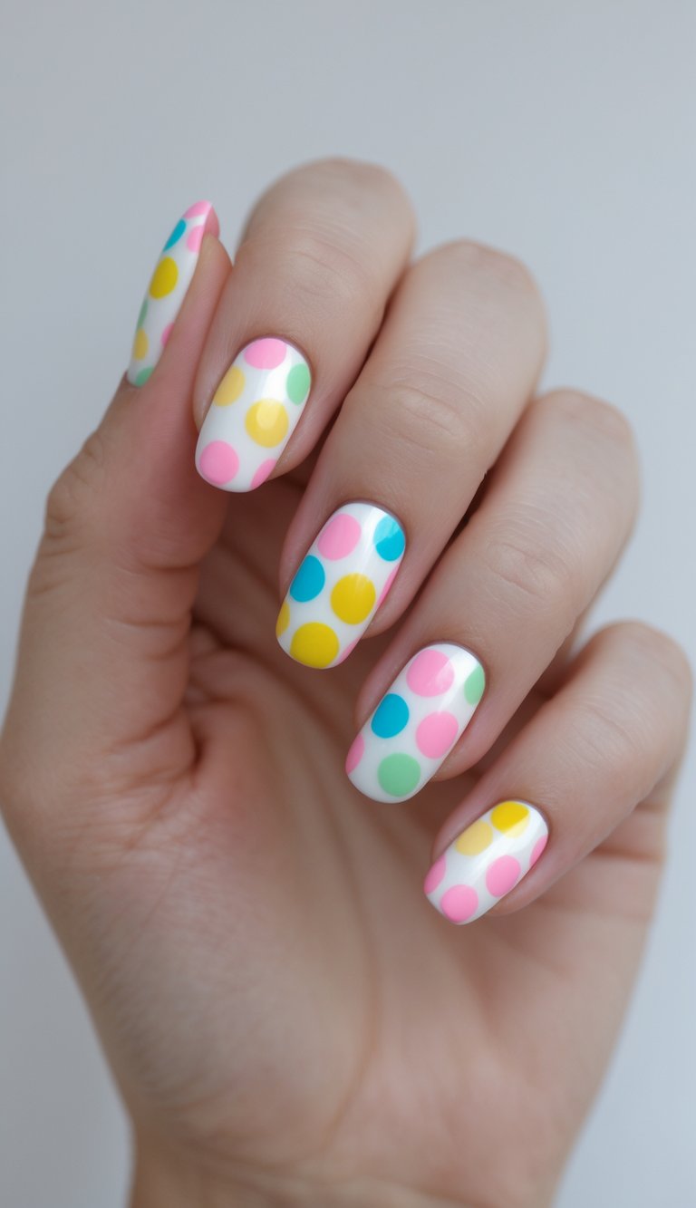 Close-up of one hand with colorful dotted nail art on a white background.