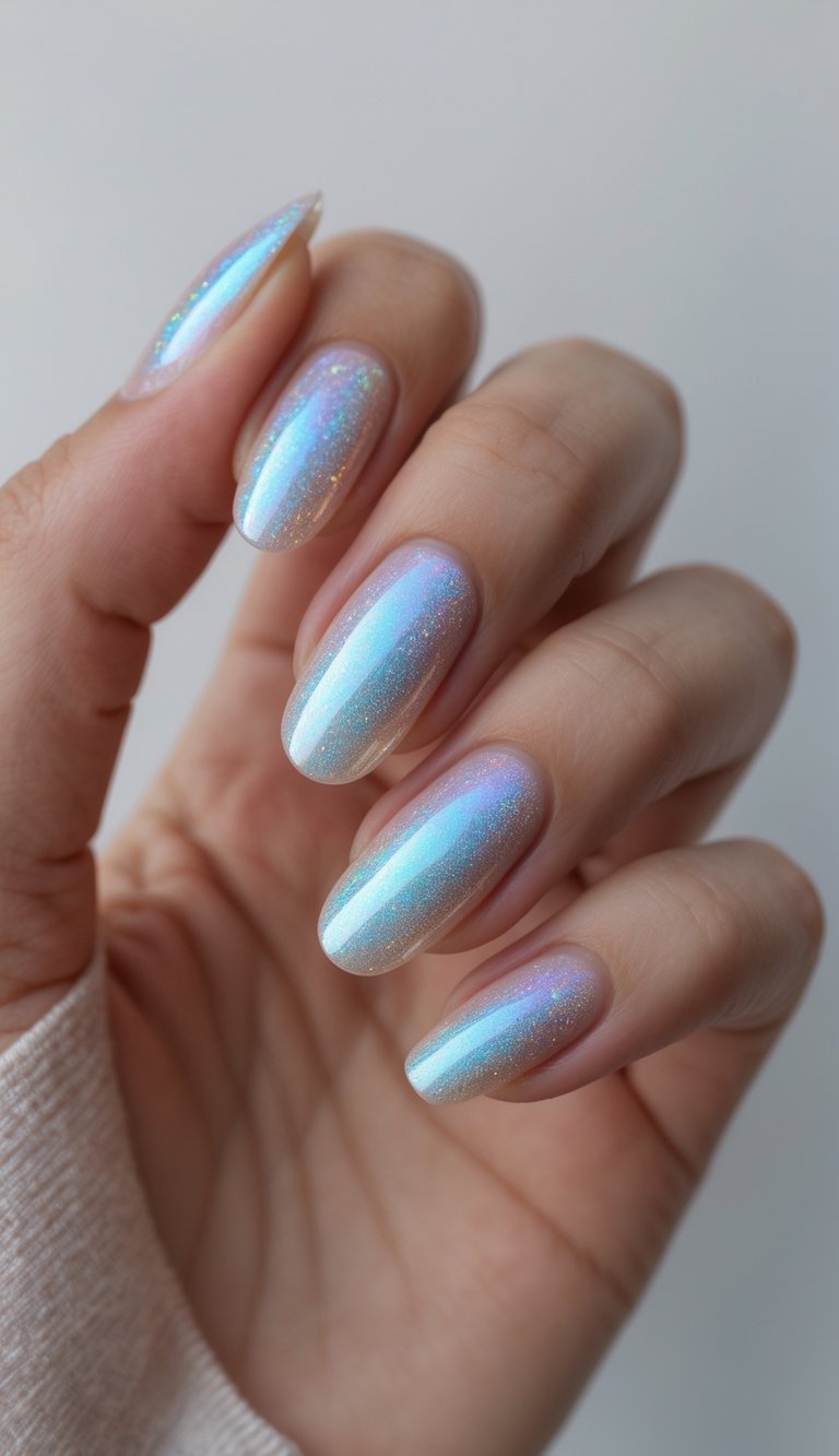 Close-up of one hand with holographic shiny nails against a white background.