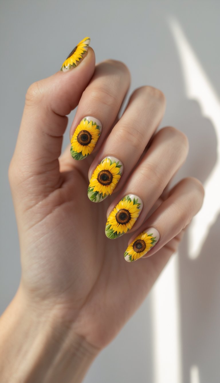 Close-up of a hand with bright yellow sunflower nail art on neatly manicured nails against a white background.
