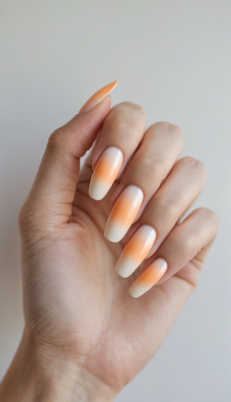 Close-up of one hand showing nails with orange and white gradient nail art against a white background.