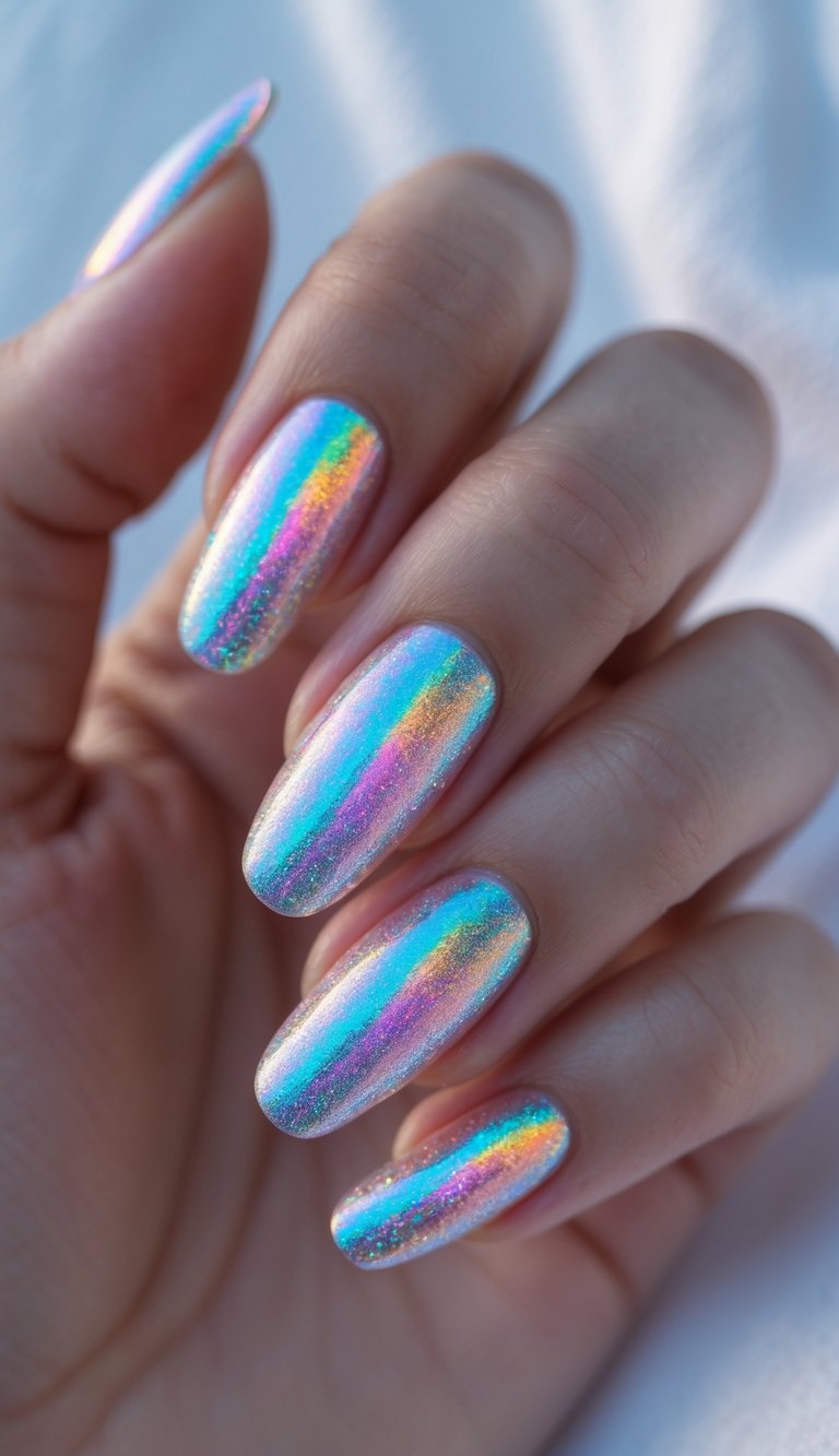 Close-up of one hand with holographic shifting nail art on a white background.