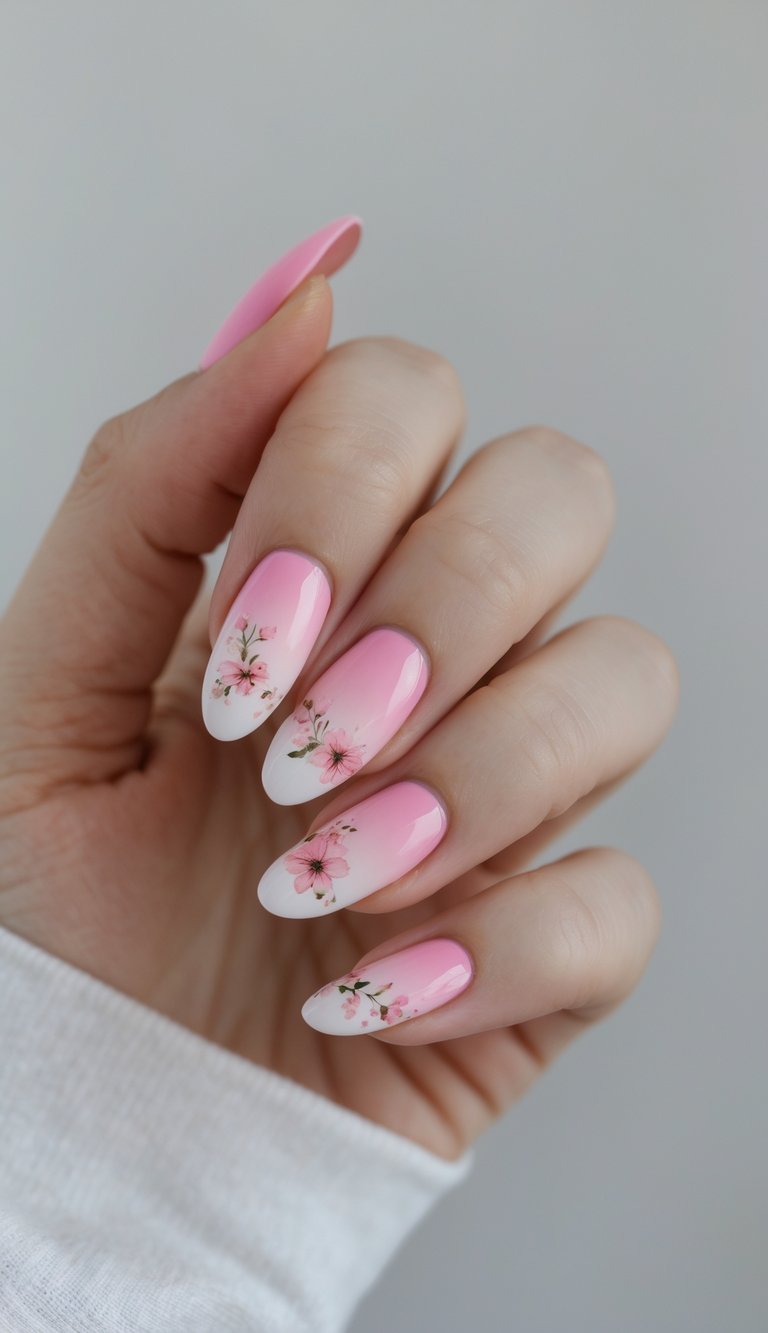 Close-up of one hand with pink ombre nails decorated with small floral designs against a white background.