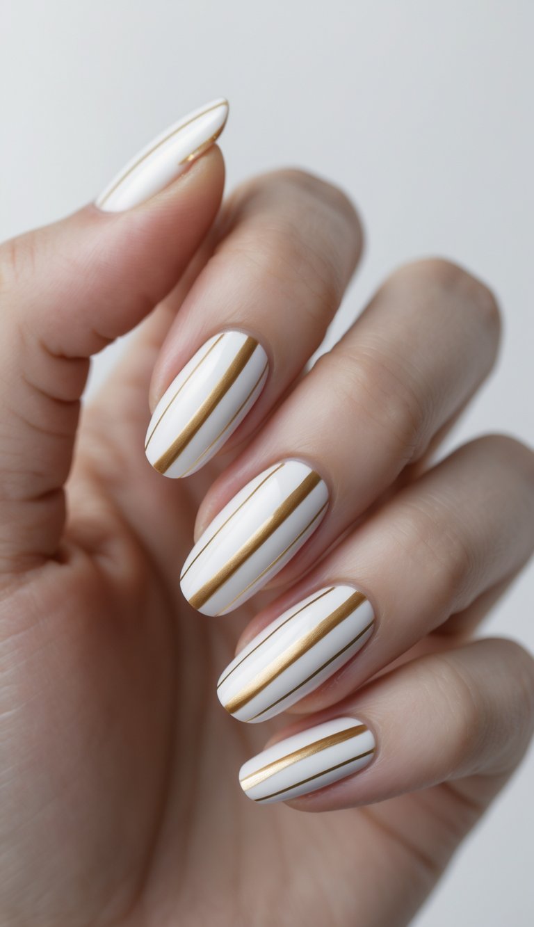 Close-up of one hand with white nails decorated with thin gold stripes against a white background.