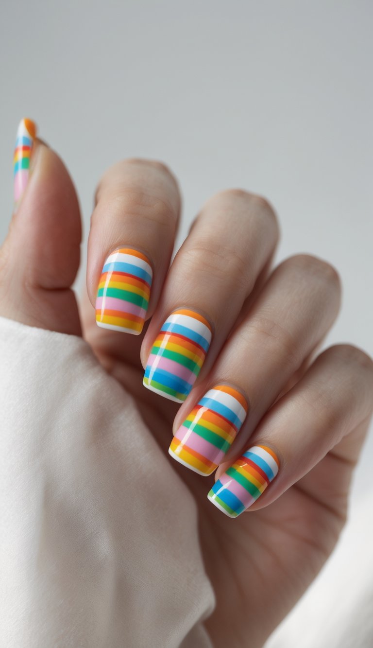 Close-up of a single hand with rainbow-striped nails against a white background.