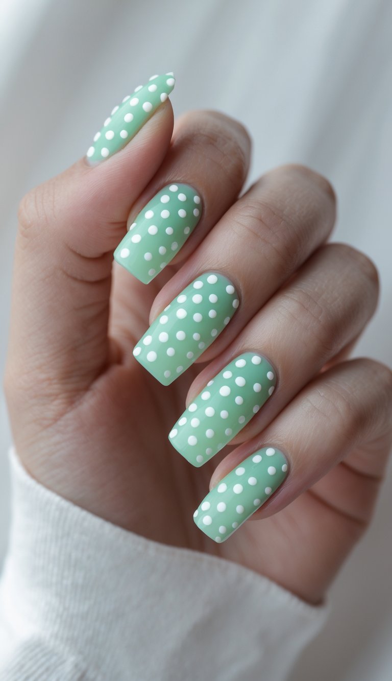 Close-up of one hand showing mint green ombre nails with white polka dots against a white background.