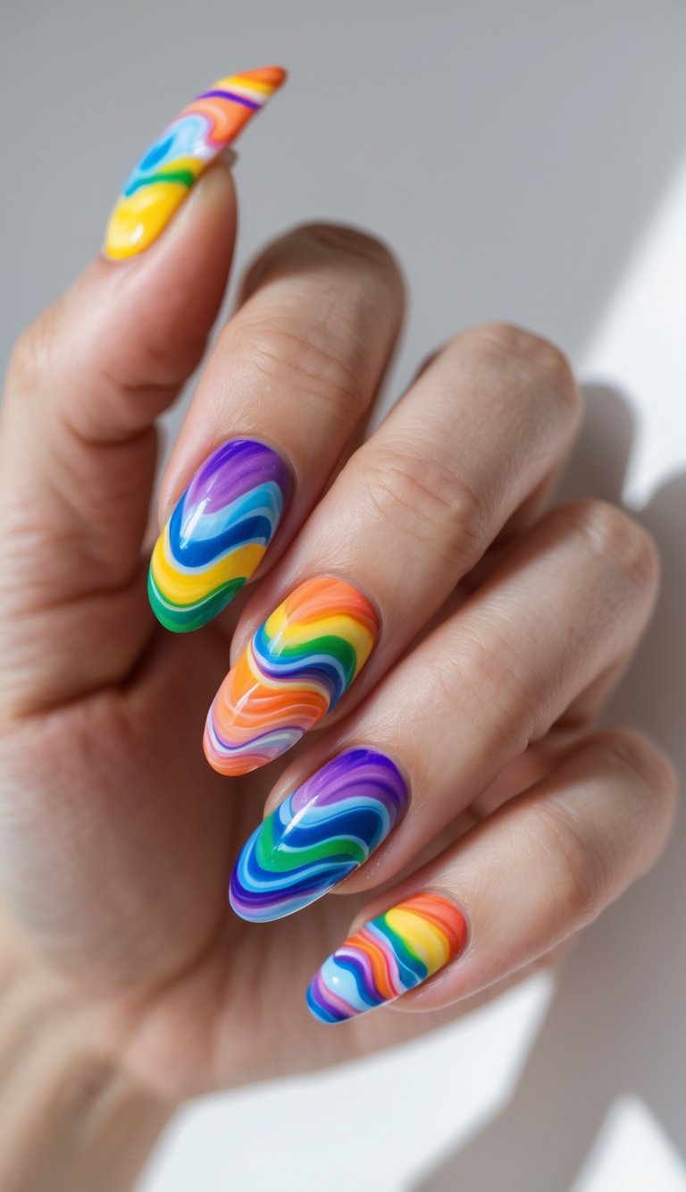 Close-up of one hand showing nails with colorful rainbow swirl designs against a plain white background.