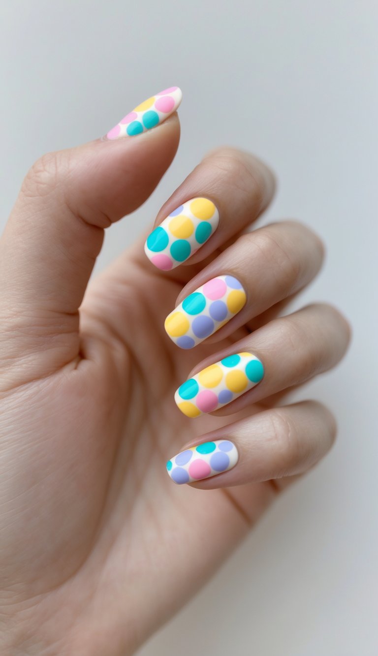 Close-up of one hand with colorful polka dot nail art against a white background.