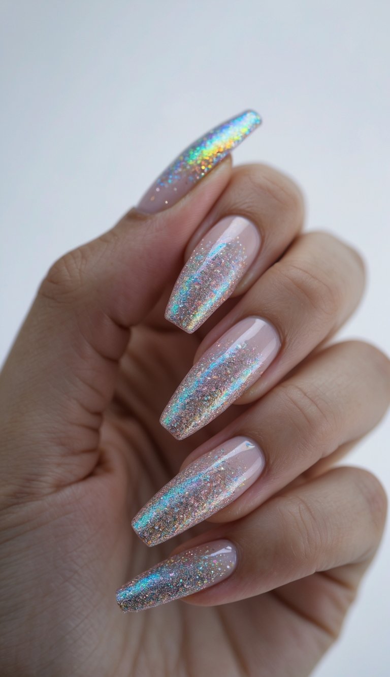 Close-up of one hand with nails featuring holographic glitter tips against a white background.