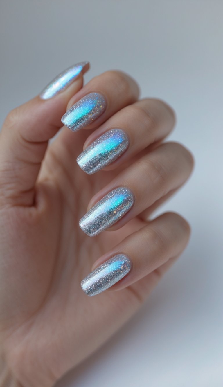 Close-up of one hand with holographic silver nails against a white background.