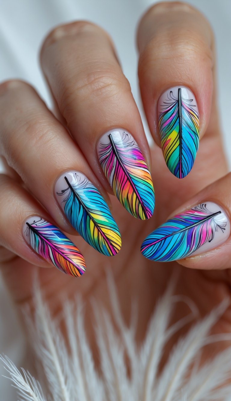 Close-up of a single hand with colorful feather designs painted on the nails against a white background.
