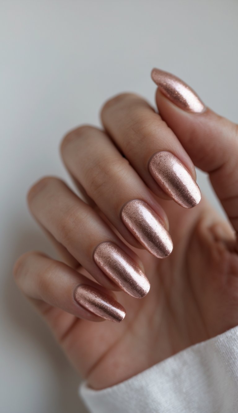 Close-up of one hand with rose gold metallic nails against a white background.