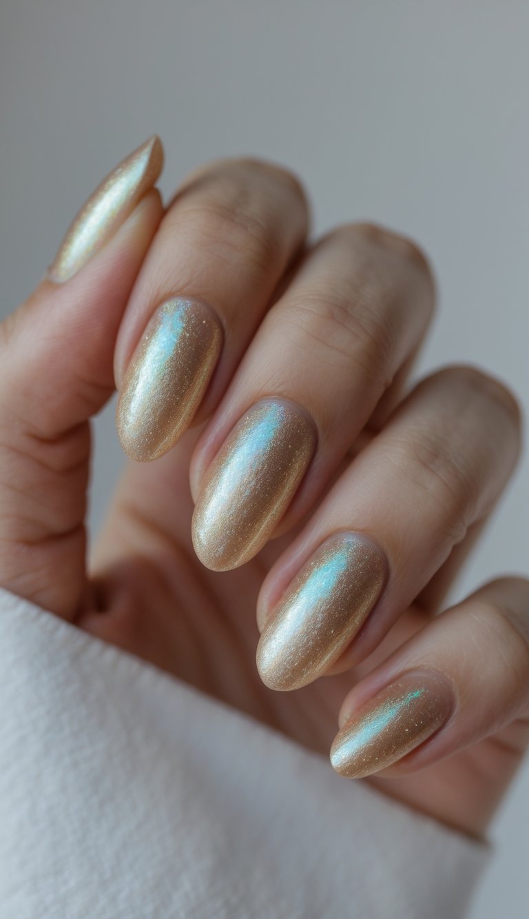 Close-up of one hand showing manicured nails painted in champagne gold with iridescent shimmer on a white background.