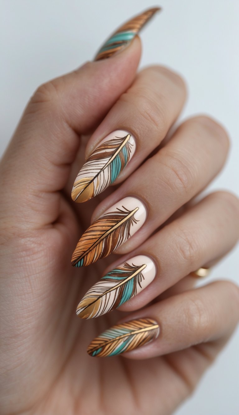 Close-up of one hand showing nails with detailed feather designs on a white background.