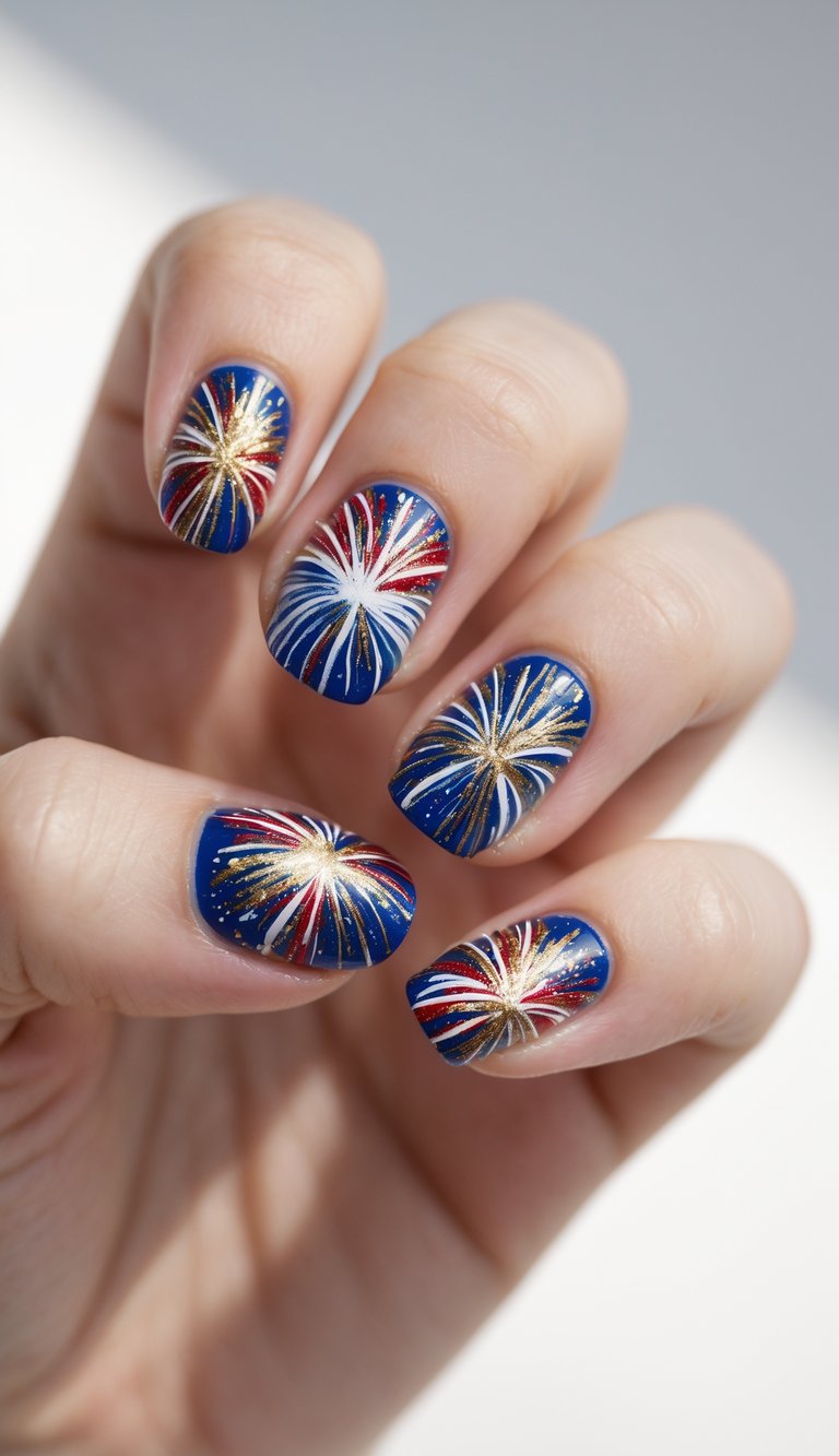 Close-up of one hand with colorful firework nail art on each fingernail against a white background.