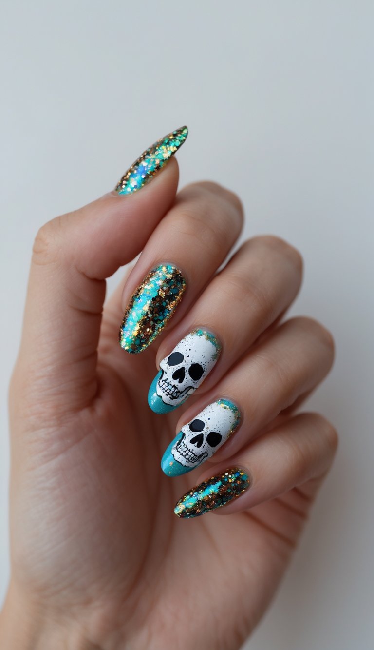 Close-up of one hand with colorful glitter skull nail art on a white background.