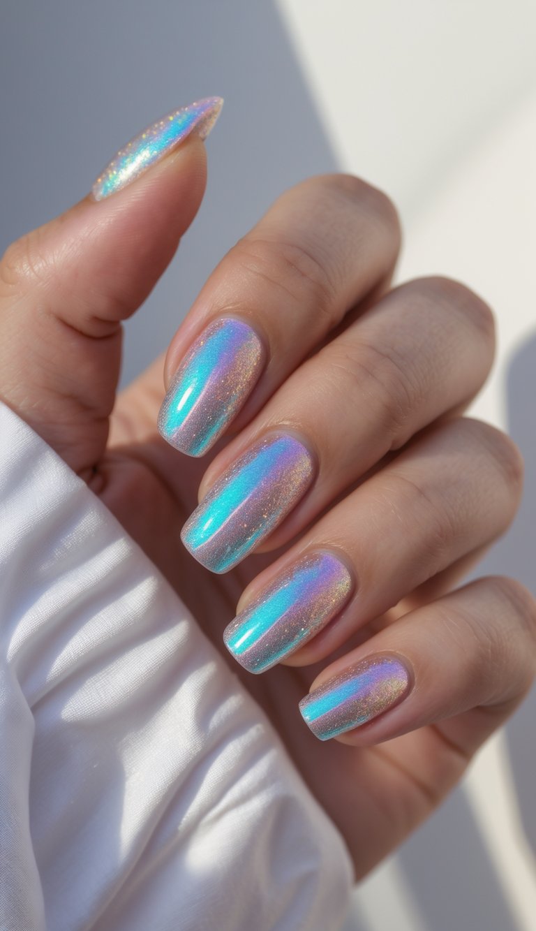 Close-up of a single hand with holographic gradient nails against a white background.