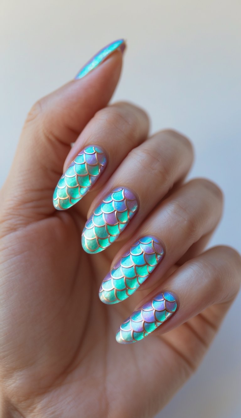 Close-up of one hand with nails painted in iridescent mermaid scale patterns against a white background.