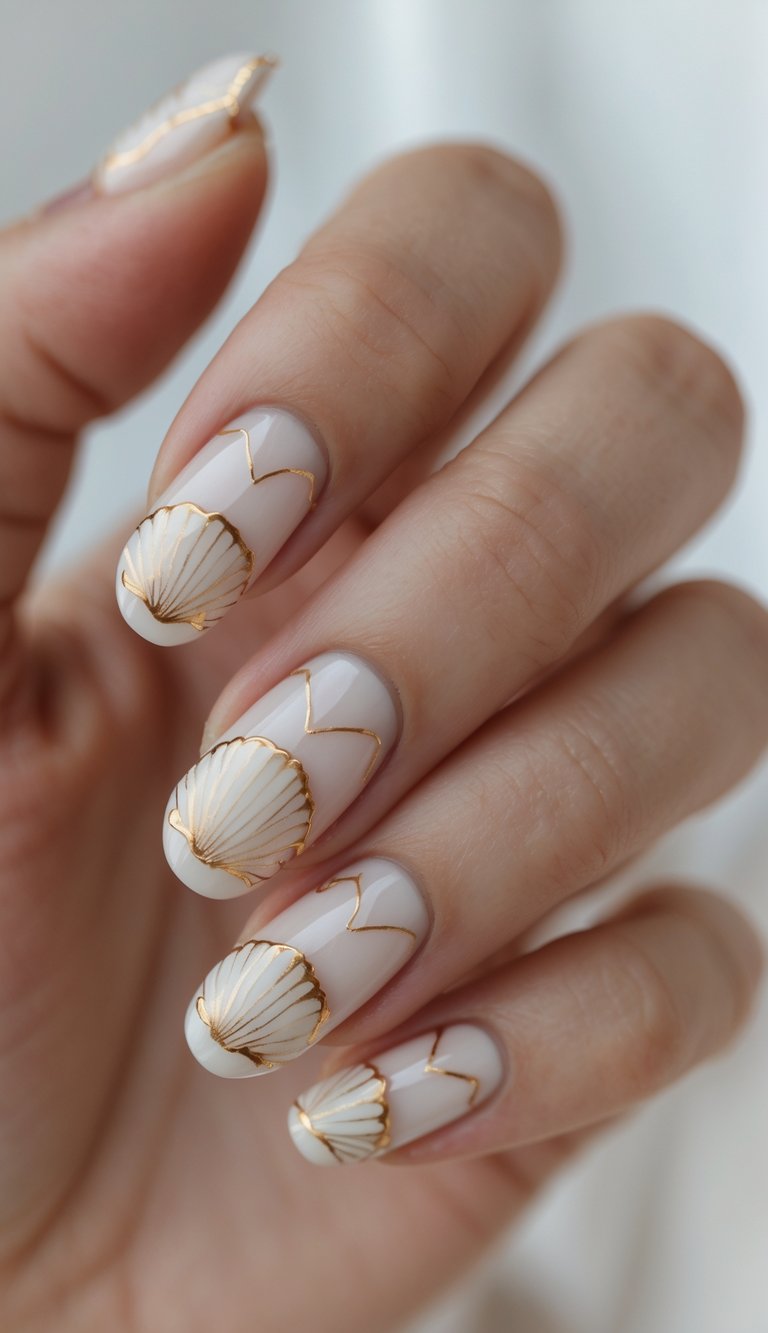 Close-up of one hand with nails painted in a shell outline design with gold details against a white background.