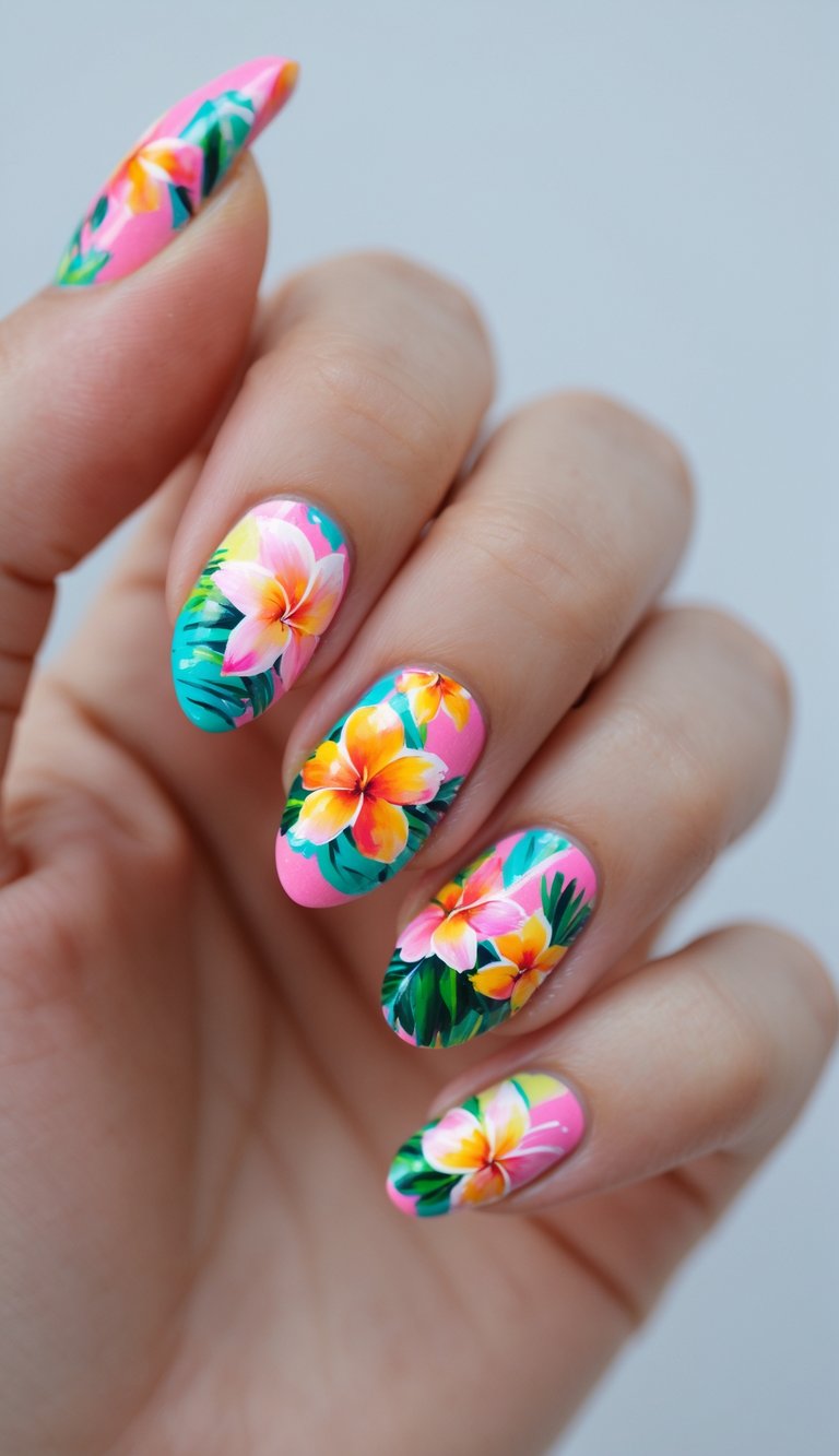 Close-up of one hand showing nails painted with colorful tropical flower designs against a white background.