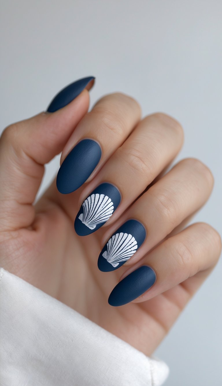 Close-up of one hand showing matte navy blue nails with white shell designs against a white background.