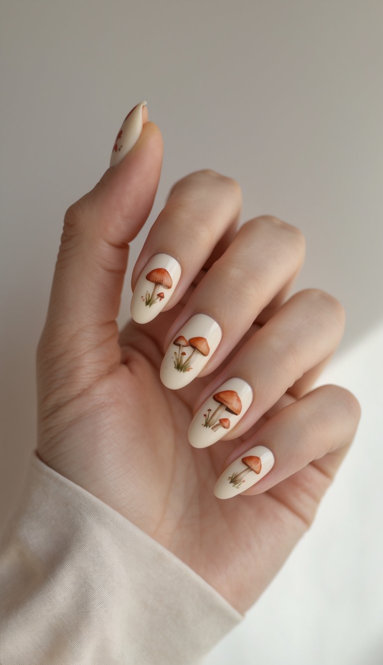 Close-up of one hand showing nails painted with cream base and small mushroom designs on a white background.