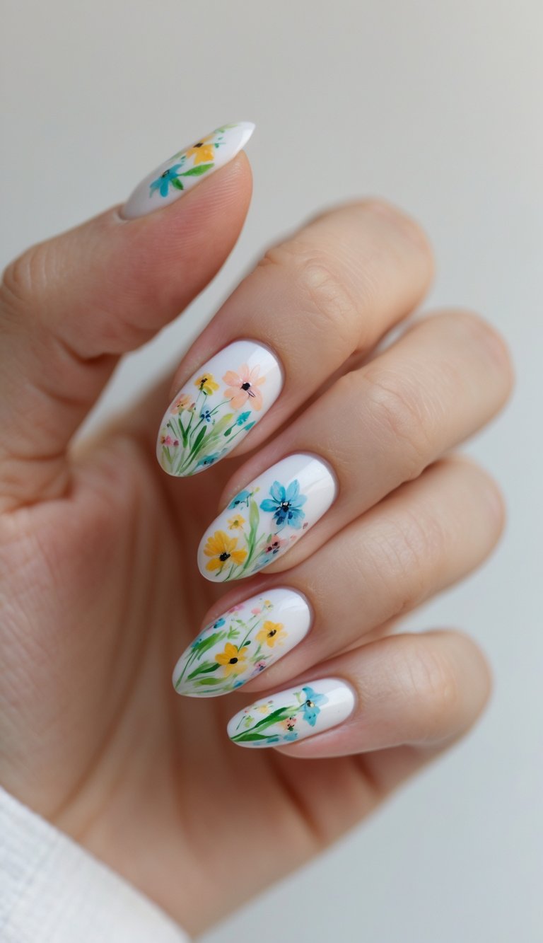 Close-up of one hand with nails painted with detailed wildflower designs against a white background.