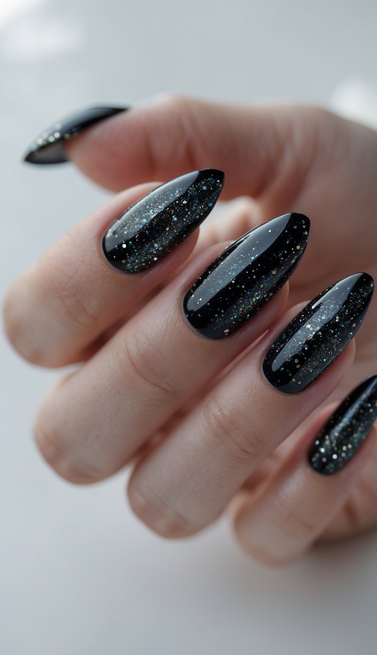 Close-up of a single hand with black glittery nails against a white background.