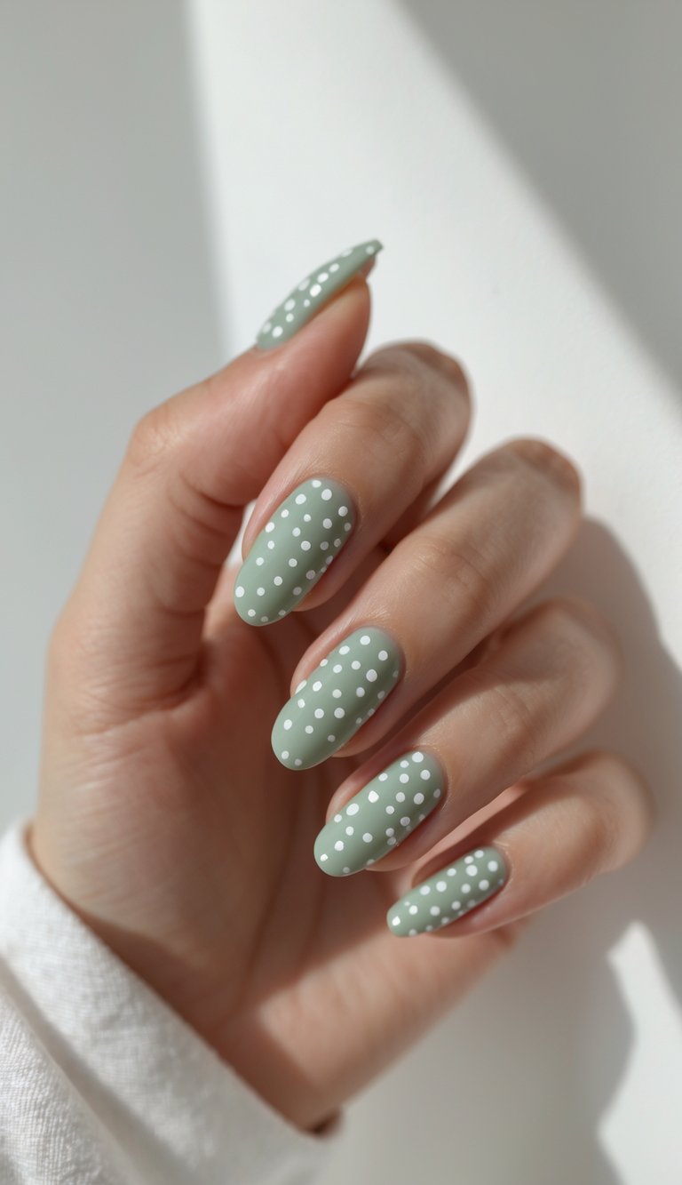 Close-up of one hand with sage green nails decorated with small white dots against a white background.