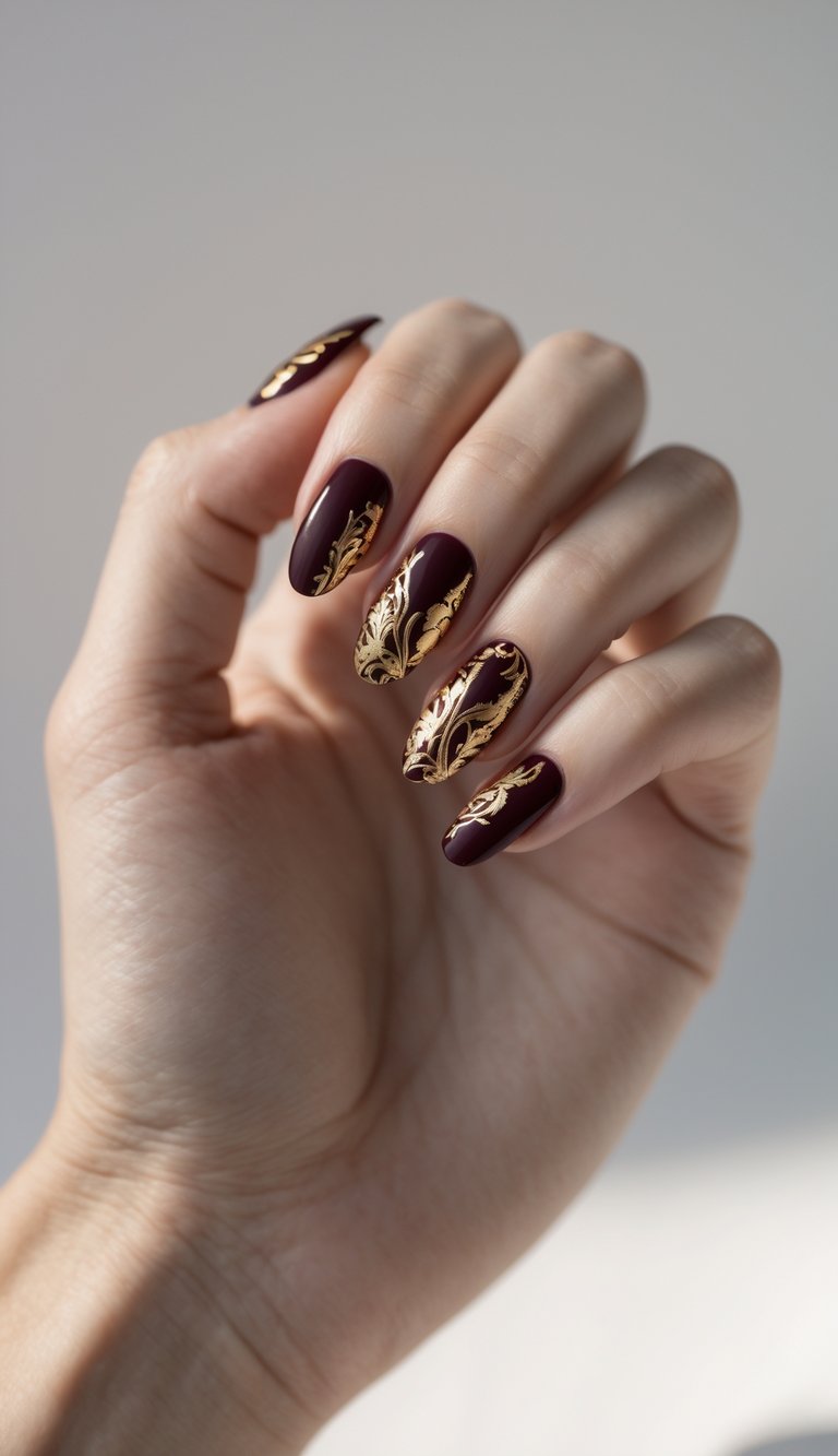 Close-up of one hand with deep burgundy nails decorated with gold foil on a white background.