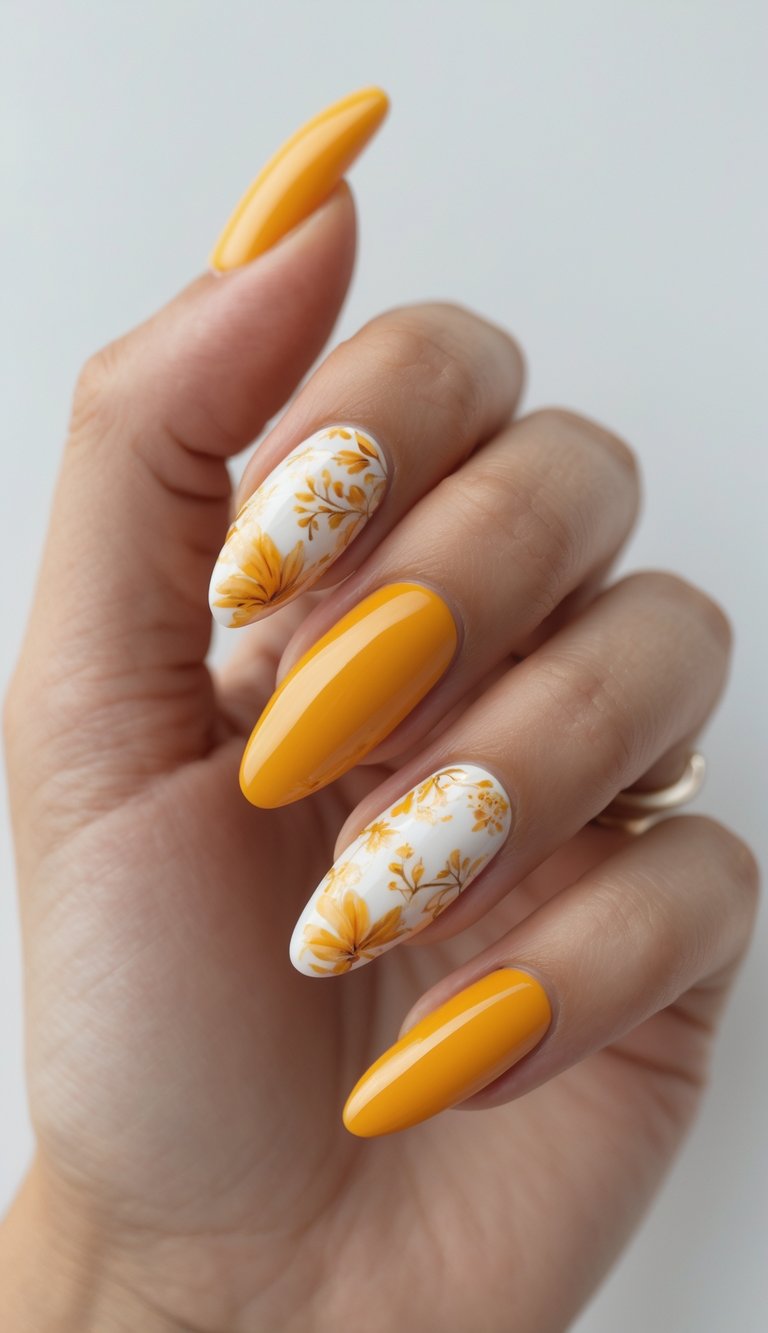 Close-up of one hand with sun-kissed marigold nails featuring detailed floral nail art against a white background.