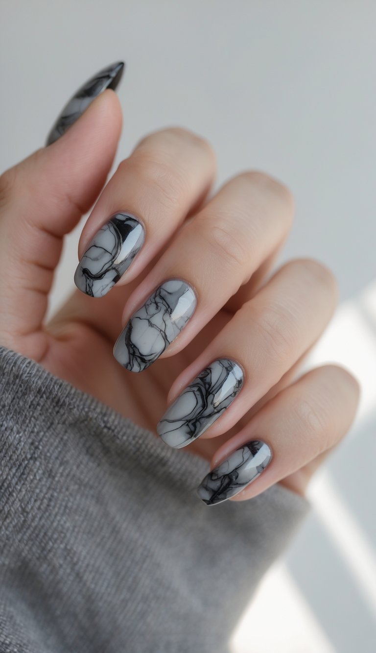 Close-up of one hand with dark gray marble patterned nails against a white background.